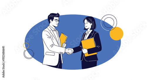 Professional businessman and businesswoman in suits shaking hands to seal a deal against a blue oval background with yellow accents.