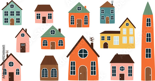 Set of colorful cute houses and cottages in flat hand drawn style isolated on white background