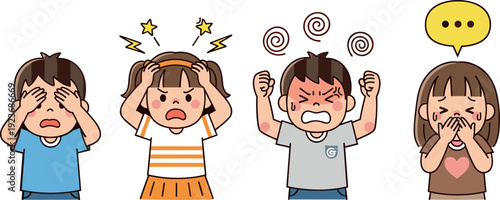 Set of children showing negative symptoms including stress headache extreme anger and feeling sick flat vector illustration isolated on white