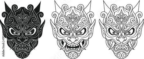 Japanese Oni demon mask vector set featuring traditional hannya mask designs with intricate swirl patterns for tattoo art streetwear apparel and mythological cultural illustrations.