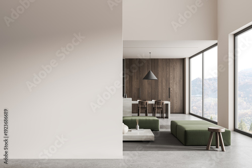 Modern bright interior with large empty wall and stylish furniture in open space living and dining area, perfect for poster or design mockup concept. 3D Rendering