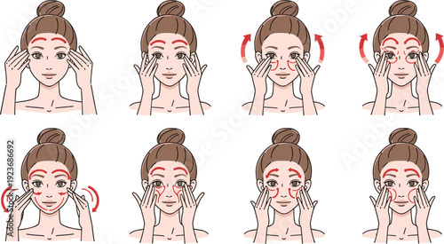 Professional facial massage guide vector set showing woman applying pressure points and skin lifting techniques with red arrows for beauty treatment.