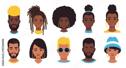 Diverse collection of African American male and female character avatars with various trendy hairstyles and accessories in flat style.