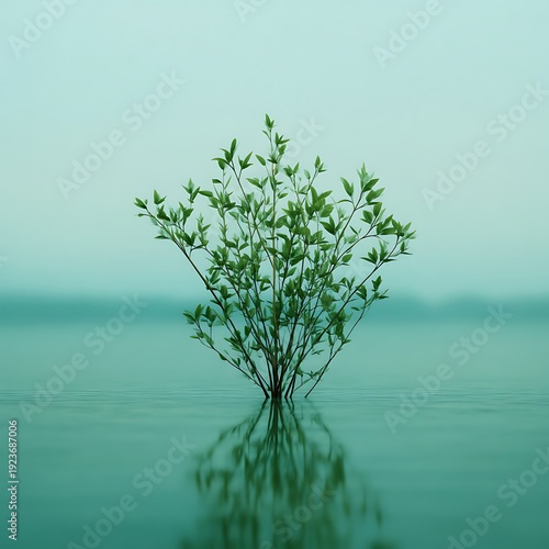 A small leafy green plant growing from calm, shallow water with a clear reflection against a soft, muted blue-green background.