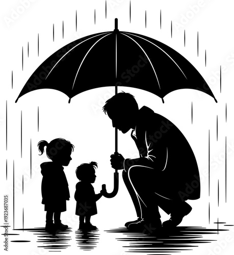 Father's Protective Embrace: Silhouette of a Man Shielding Children with an Umbrella in the Rain – A Timeless Symbol of Family Love, Safety, and Nurturing Care, Vector Art
