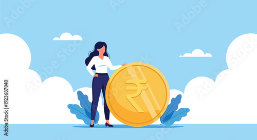 Young businesswoman standing confidently next to a giant gold Indian Rupee coin representing wealth, investment, and financial success.