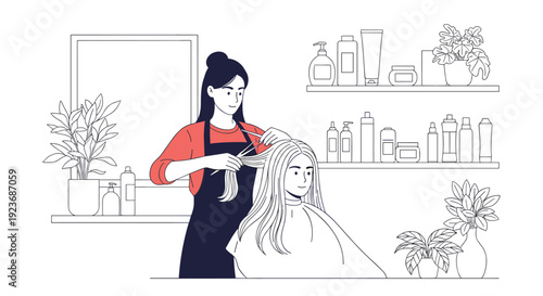 Stylized line art illustration of a professional female hairdresser cutting a client's long hair in a modern hair salon environment.