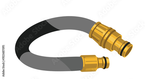 A curved garden hose with golden connectors isolated on white