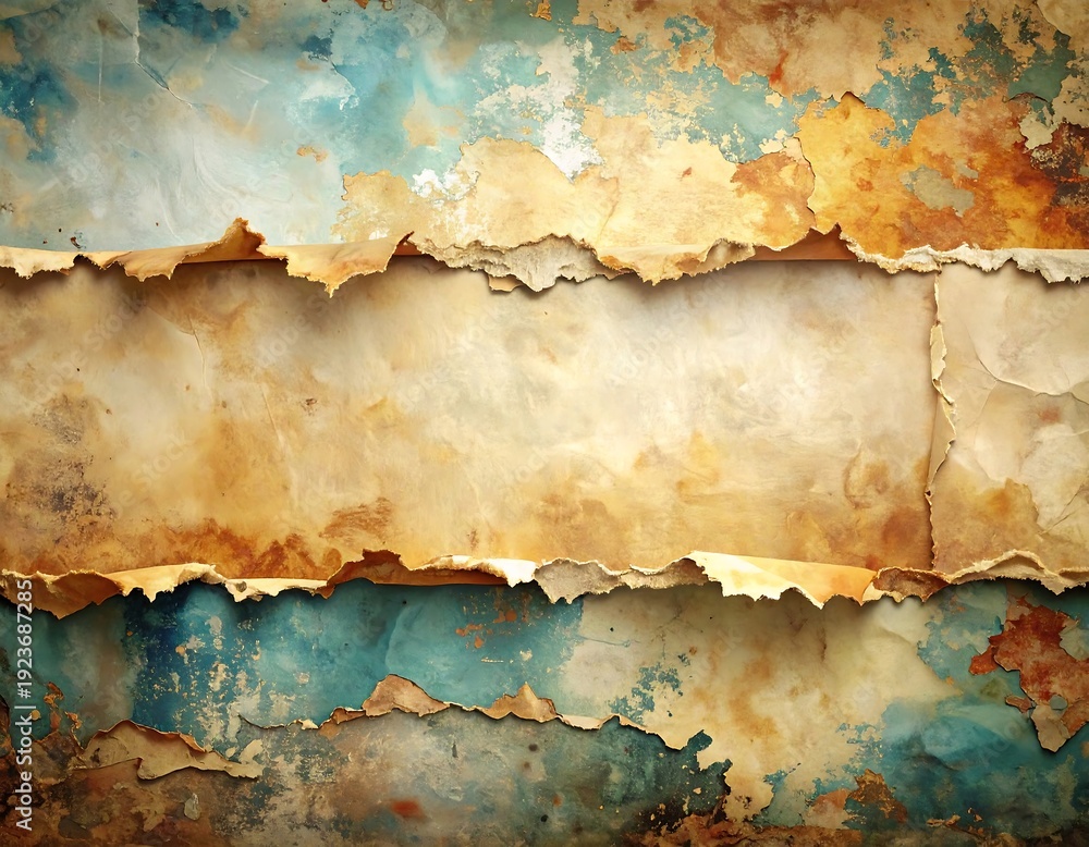 Obraz premium A grungy, torn, and aged paper texture with blue and brown hues
