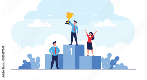Successful business professionals celebrate their victory on a winners podium with the first-place individual holding a gold trophy.