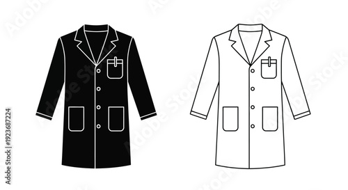 Line art illustration of two lab coats one black and one white