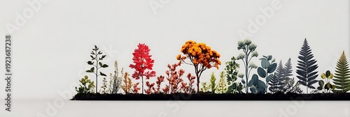 A minimalist illustration showing a variety of colorful, stylized plants and trees lined up horizontally against a plain background.