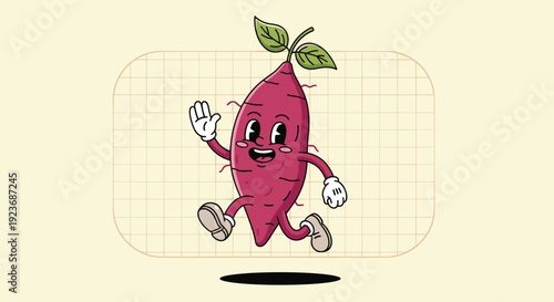 Cute cartoon sweet potato character with a face, arms, and legs jumping and waving in a vintage retro rubber hose animation art style.