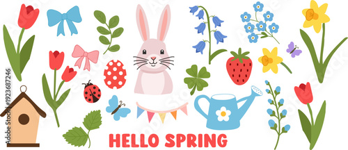 Hello Spring cute bunny and floral garden clipart set vector illustration. Suitable for March 8, Mother's Day, Easter, holidays Collection