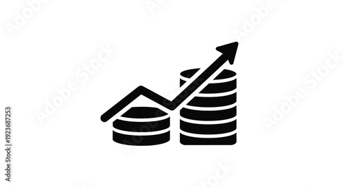 Black silhouette of stacked coins with an upward trending arrow