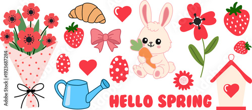 Cute hello spring floral set with bunny, strawberries, croissant, bouquet, watering can and birdhouse vector illustration. Suitable for March 8, Mother's Day, Easter, holidays Collection.