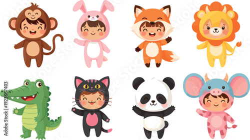 Set of cute children in animal costumes including monkey rabbit fox lion crocodile cat panda and mouse flat vector illustration isolated