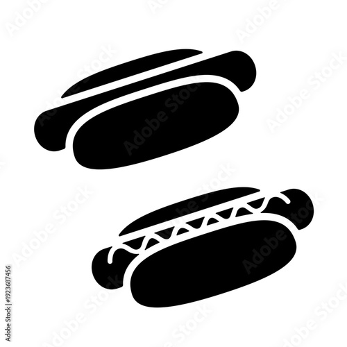 Hot dog minimal icon, black silhouette isolated on white. Hot dog with and without mustard or ketchup. Vector clipart for minimalist fast food design or logo.