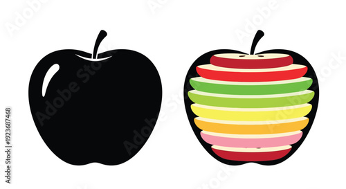Two apples depicted one solid black the other showcasing colorful layers