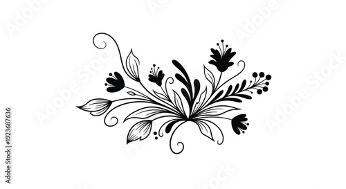 Delicate floral arrangement in black and white featuring swirling vines and buds