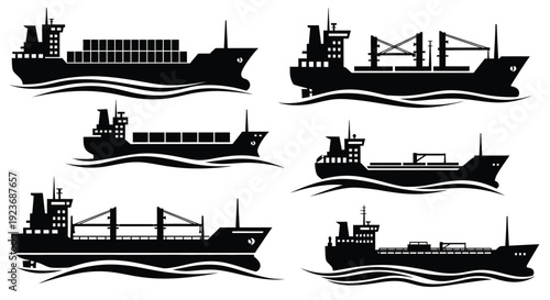 Black silhouette illustrations of various cargo ships sailing on water
