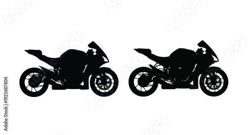 Two black silhouettes of modern sport motorcycles facing different directions