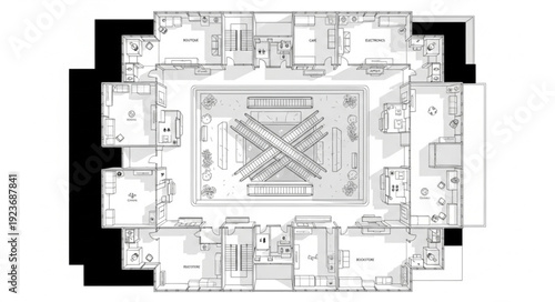 Architectural floor plan of a building with a central courtyard and surrounding rooms.