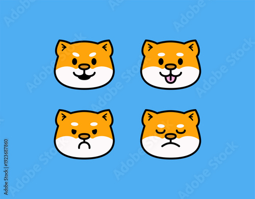 Set of four adorable shiba inu dog faces with different expressions including happy, playful, angry, and sad. Flat vector style with bold outline on blue background, perfect for stickers