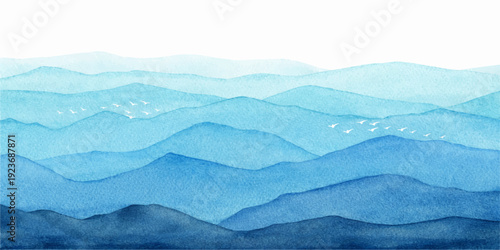 A blue mountain landscape vector illustration featuring a misty range of hills and peaks under a sunset sky with forest silhouettes and morning fog in the valley