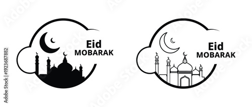 Eid Mubarak Islamic Icon Set with Mosque Silhouette