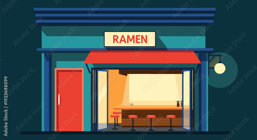 Fototapeta premium Vibrant cartoon-style ramen restaurant exterior at night, cozy vector illustration with teal walls, red awning, and warm lighting