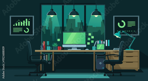 Vector Illustration of Modern Office Desk with Teal Accents in a Cityscape Setting