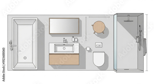 Modern bathroom layout with bathtub, vanity, toilet, and shower, top view.