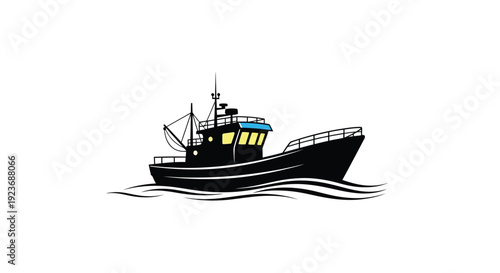 Stylized illustration of a black fishing boat on blue water waves