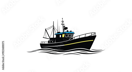 Stylized illustration of a black fishing boat on blue waves