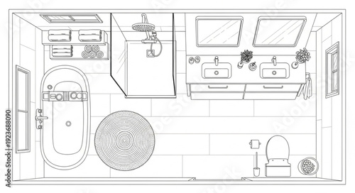 Detailed overhead view of a modern bathroom with stylish fixtures and furniture.