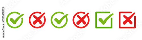 Green check mark and red cross mark icon set. Minimalist yes and no choice icon collection. Clean true and false symbol illustration
