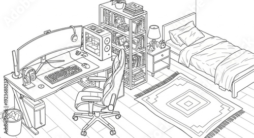 Detailed sketch of a modern gaming setup with multiple monitors and a comfortable chair.
