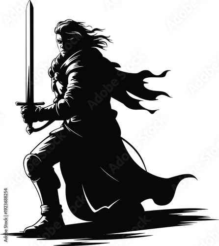 Fantasy warrior silhouette illustration, medieval swordsman holding blade, heroic character action pose, black vector art, epic mythology design, concept, poster
