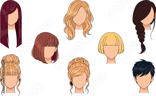 Set of various female hairstyles and haircuts including long straight wavy braided bob and bun flat vector illustration isolated