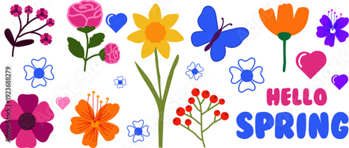 Hello Spring colorful floral set with rose, daffodil, tulip, butterfly and berry branches vector illustration. Suitable for March 8, Mother's Day, Easter, holidays Collection.
