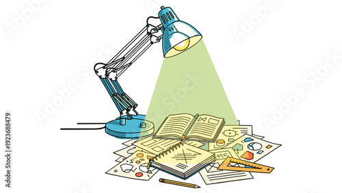 Study Desk Lamp Illuminating Books and Money Education Concept Vector