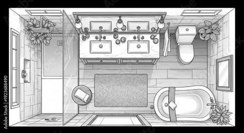 Bathroom interior design sketch with double sinks and bathtub.