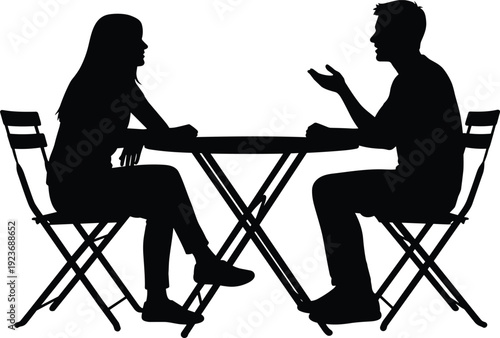 Couple talking at table silhouette illustration, man and woman conversation concept, relationship communication icon isolated on white background