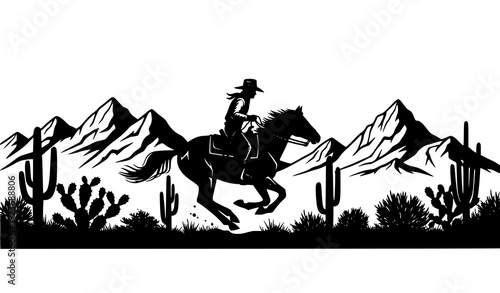 Cowboy Riding Horse Silhouette Vector with Wild West Desert Cactus and Mountain Landscape