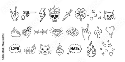 Collection of various tattoo icons and symbols