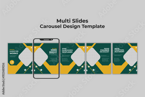 Modern business social media carousel template with green and yellow geometric design for marketing