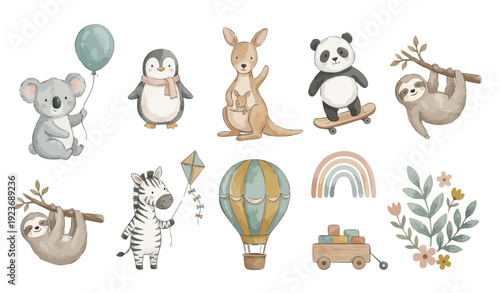 Watercolor nursery animals clipart set: koala, penguin, kangaroo, panda, sloth. Collection of Vector illustrations. Perfect for invitation, card, poster, banner, decoration