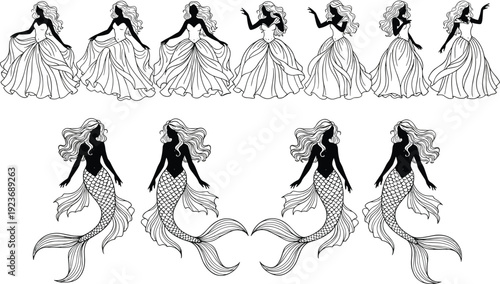 Black vector silhouettes of beautiful mermaids with long hair and flowing tails, and elegant princesses wearing ornate, voluminous ball gowns.