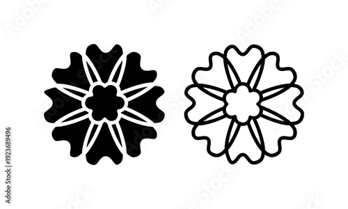 Minimalist black floral logo featuring a symmetrical cherry blossom silhouette. Clean geometric design suitable for spa, wellness, and boutique branding in vector format.